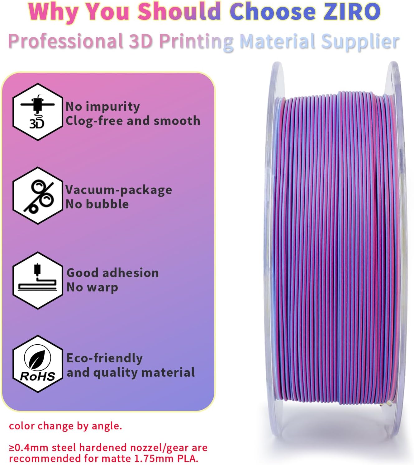 ZIRO PLA Filament Matte, Multicolors 3D Printer Filament, Tri-Colors 3-in-1 Chrome Coextrusion, Magic Visual Effect PLA, Fit Most FDM 3D Printers,1KG/2.2lb Spool, Rosy Cloud (Matte) - Image 3