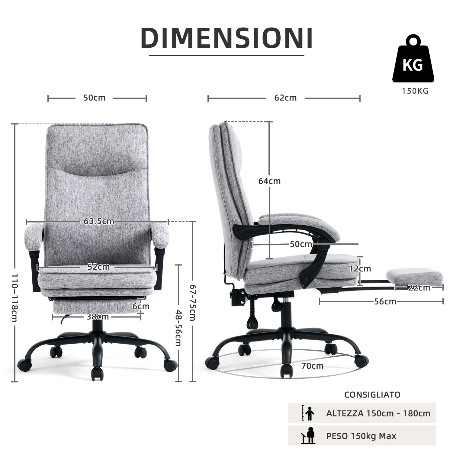 MZLEE Sedia da ufficio ergonomica, sedia da scrivania, sedia direzionale, sedia per computer, ergonomica con poggiapiedi e schienale regolabile 90-135° per ufficio a casa, grigia, in tessuto, 150 kg