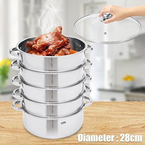 Miniatura 4 de Olla de vapor de 5 niveles, vaporizador de acero inoxidable de 10.3 pulgadas, olla de vapor de tamal con divisor, olla de vapor para verduras con