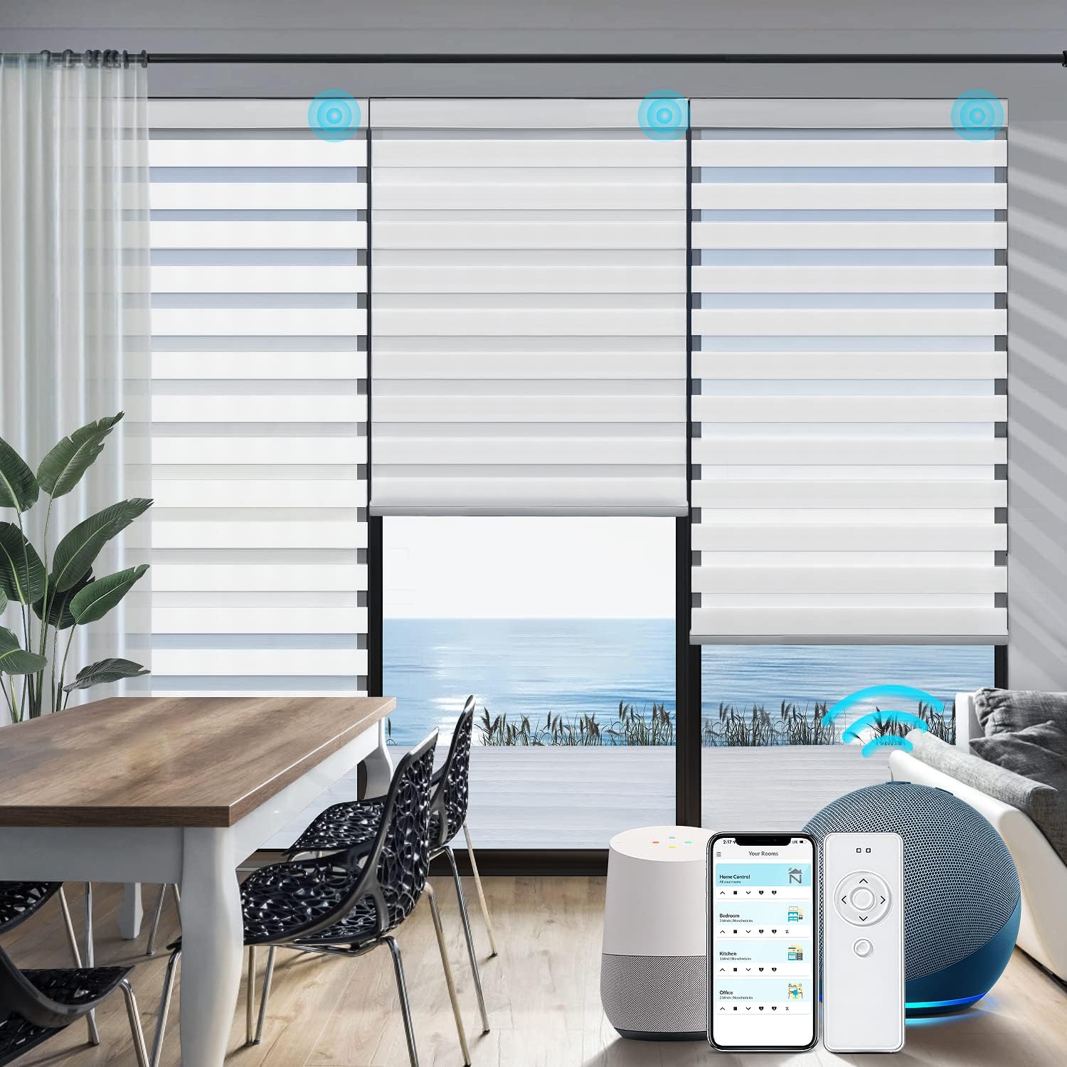 GOSMART Motorized Zebra Blinds Dual-Layer Smart Roller Shades with Remote Control, Light Filtering, Works with Smart Home Alexa, Google Assistant, Custom Cut to Size, White 21-96″ W x 21-104″ H