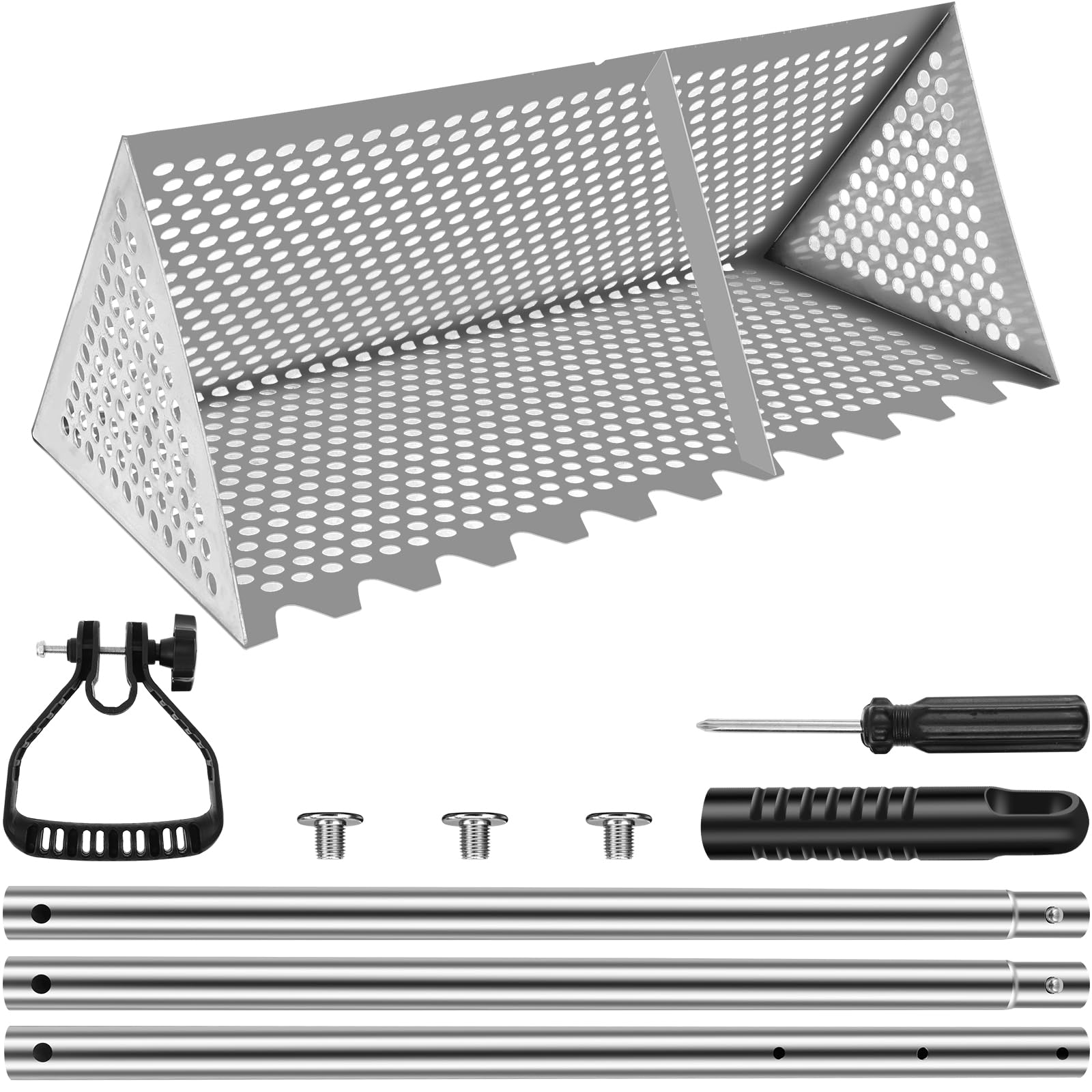 Rastrello per sabbia in acciaio inox, resistente, 173 cm, regolabile, setaccio per sabbia da spiaggia con denti, cestino staccabile, impugnatura ergonomica, facile da montare, pala per granchio di