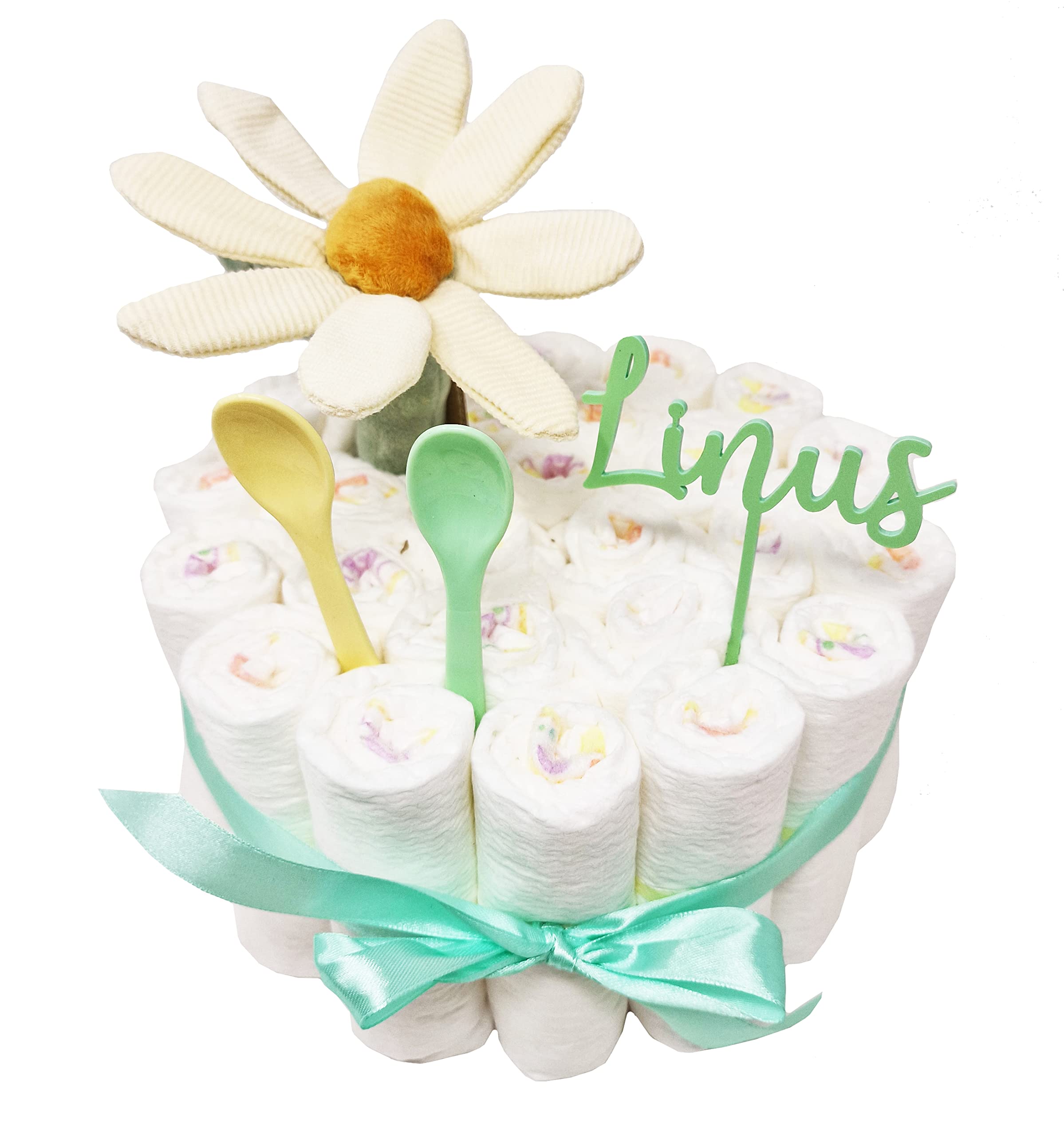 Windeltorte Geschenkset mit Blumenrassel und Acryltopper