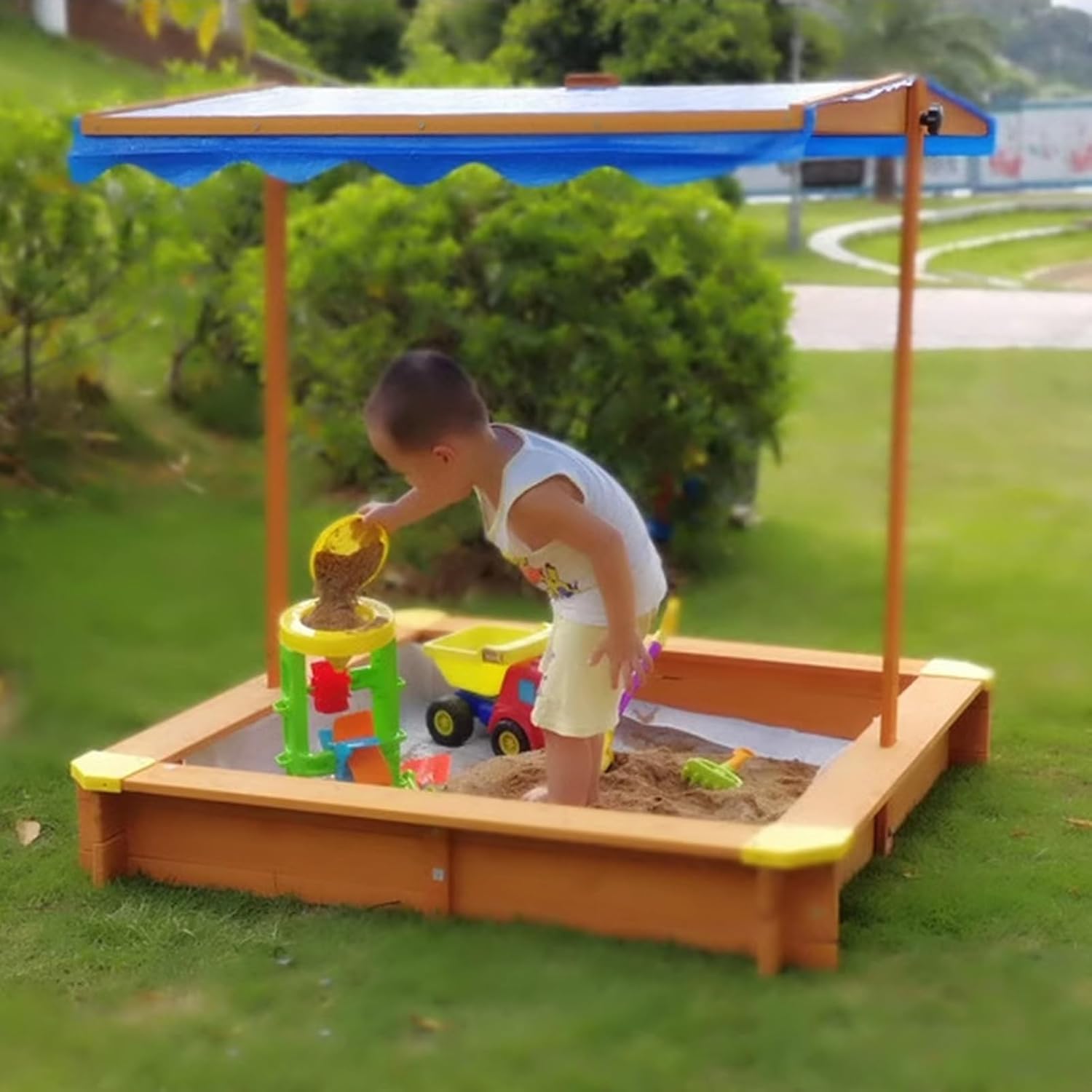Wooden Sandbox with Lid, Large Folding Sand Box with Adjustable Canopy, Sand Funnel and Drawing Board Sand Pit for Beach Patio Outdoor
