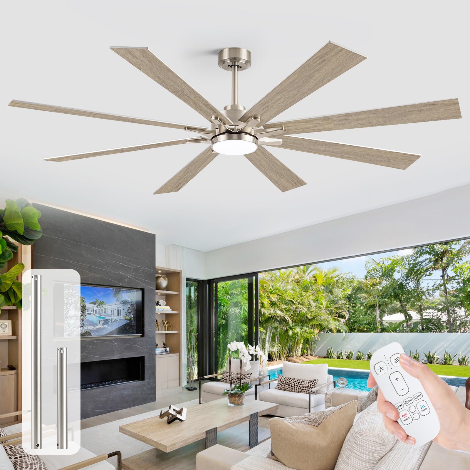 72 Inch Outdoor Ceiling Fan for Patio with Lights, Large Silver Industrial DC Motor Ceiling Fan with Light, Damp Rated Indoor or Covered Outdoor