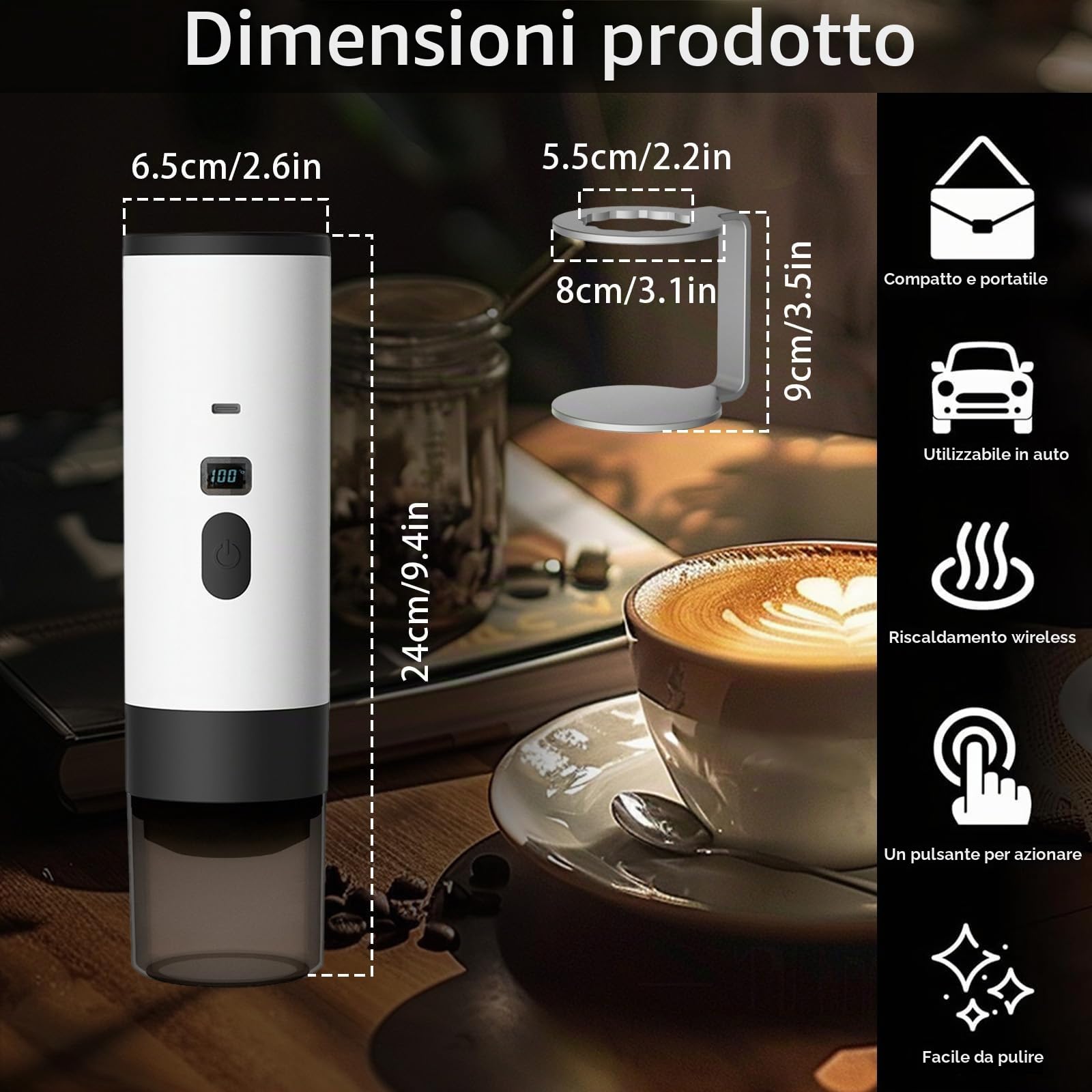 Macchina da Caffè Espresso Portatile 3 in 1, Macchina per Caffè Espresso Elettrica 90ml Caffettiera Elettrica da Viaggio con Batteria per 12V Auto e Camion e Campeggio (Bianco+Supporto)