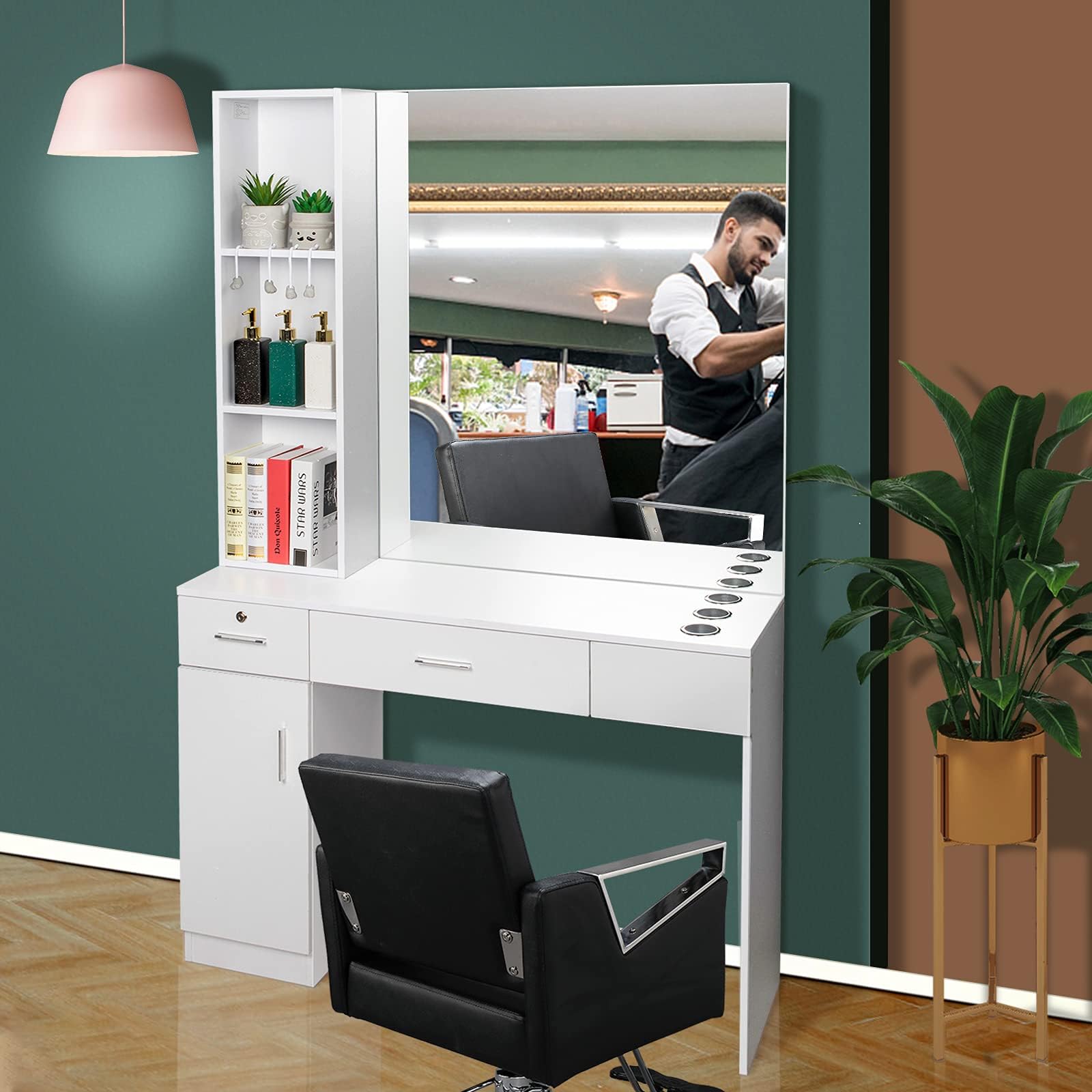 mefeir Wall Mount Hair Styling Barber Station with Support Leg & Mirror,Hair Salon Equipment, Spa Furniture Set (White)