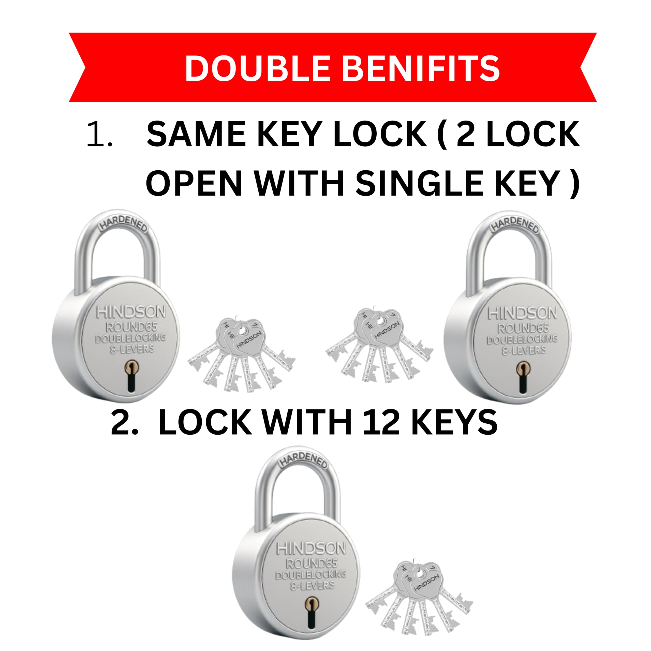 Hindson Same Key Round 65mm Padlock | 2 Heavy Duty Padlocks with 12 Common Keys | Strong Metal Body Locks with Double Locking & 8-Lever Mechanism for Home, Gate, Shutter & Shop Security — Amazon image 3