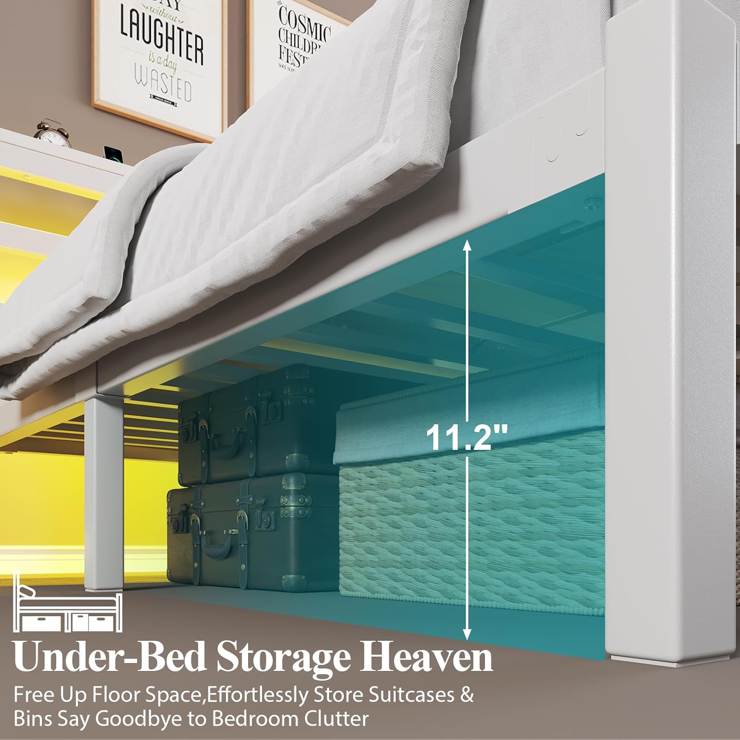 Full Size Bed Frame with Storage Headboard, Industrial Platform Bed with Charging Station and LED Lights,Underbed Storage Space, No Box Spring Needed, Easy Assembly, White - Image 4