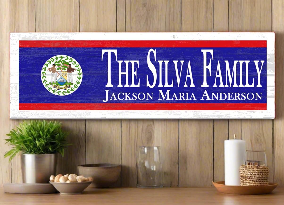 Wooden Belize Flag Sign - Custom Family Names - Personalized Heritage Plaque - 16.5in x 5.5in - Solid Wood
