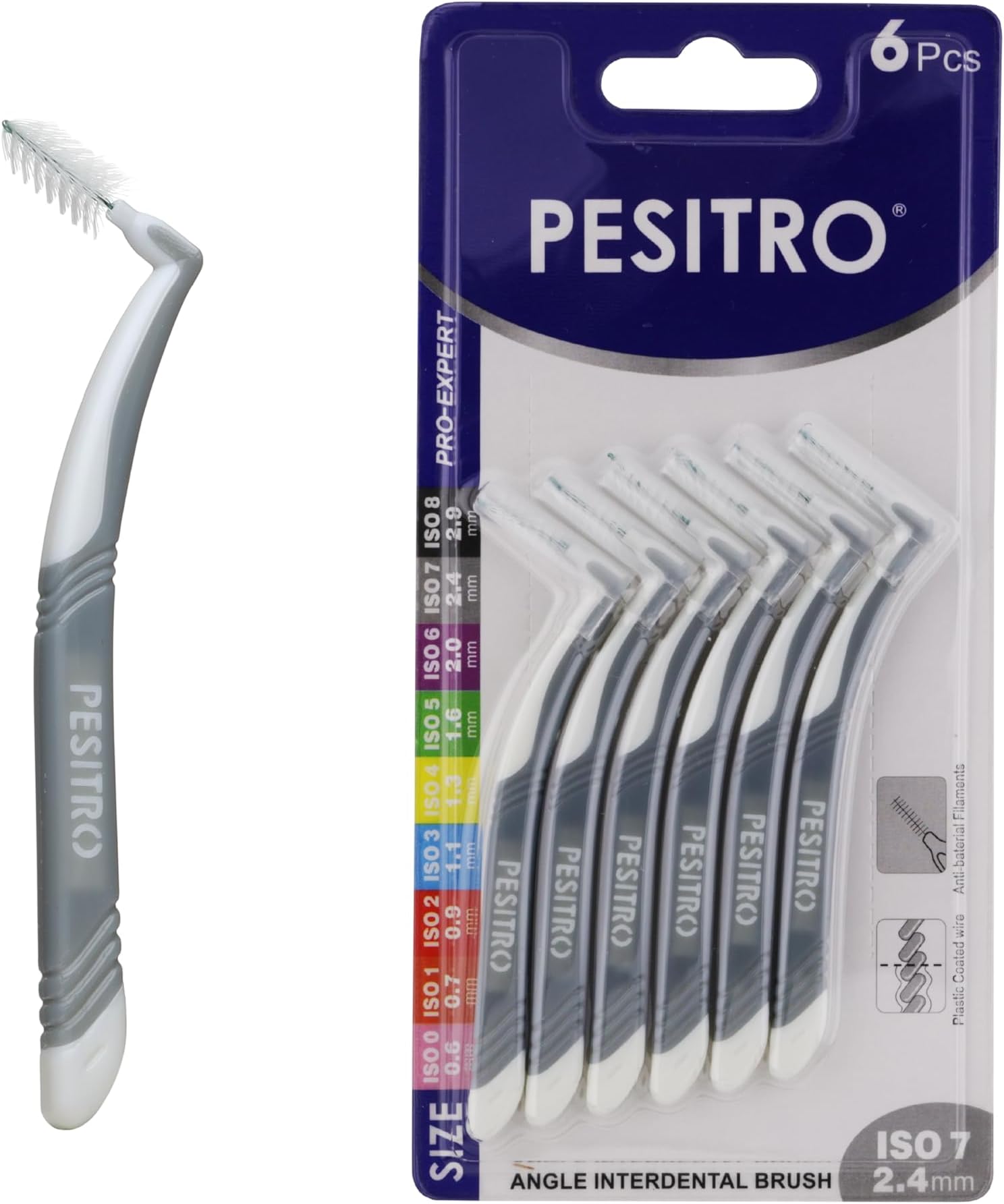 – ANGLE Interdental Brush ISO 7 (2.4mm – Grey) – Antibacterial Between Teeth Cleaner for Braces, Implants & Gum Care, L-Shaped Flexible Handle, Protective Cap