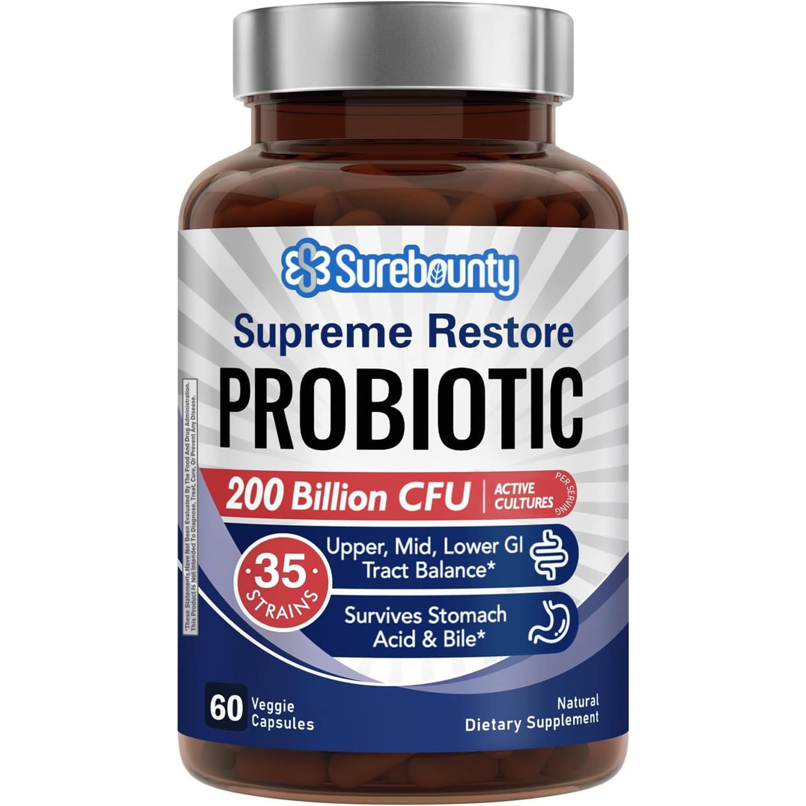 Probiotic for Men & Women, 200 Billion CFU 35 Strains, Prebiotics + Digestive Enzymes, Supreme Restore Probiotic Supplement, 60 Veggie Capsules