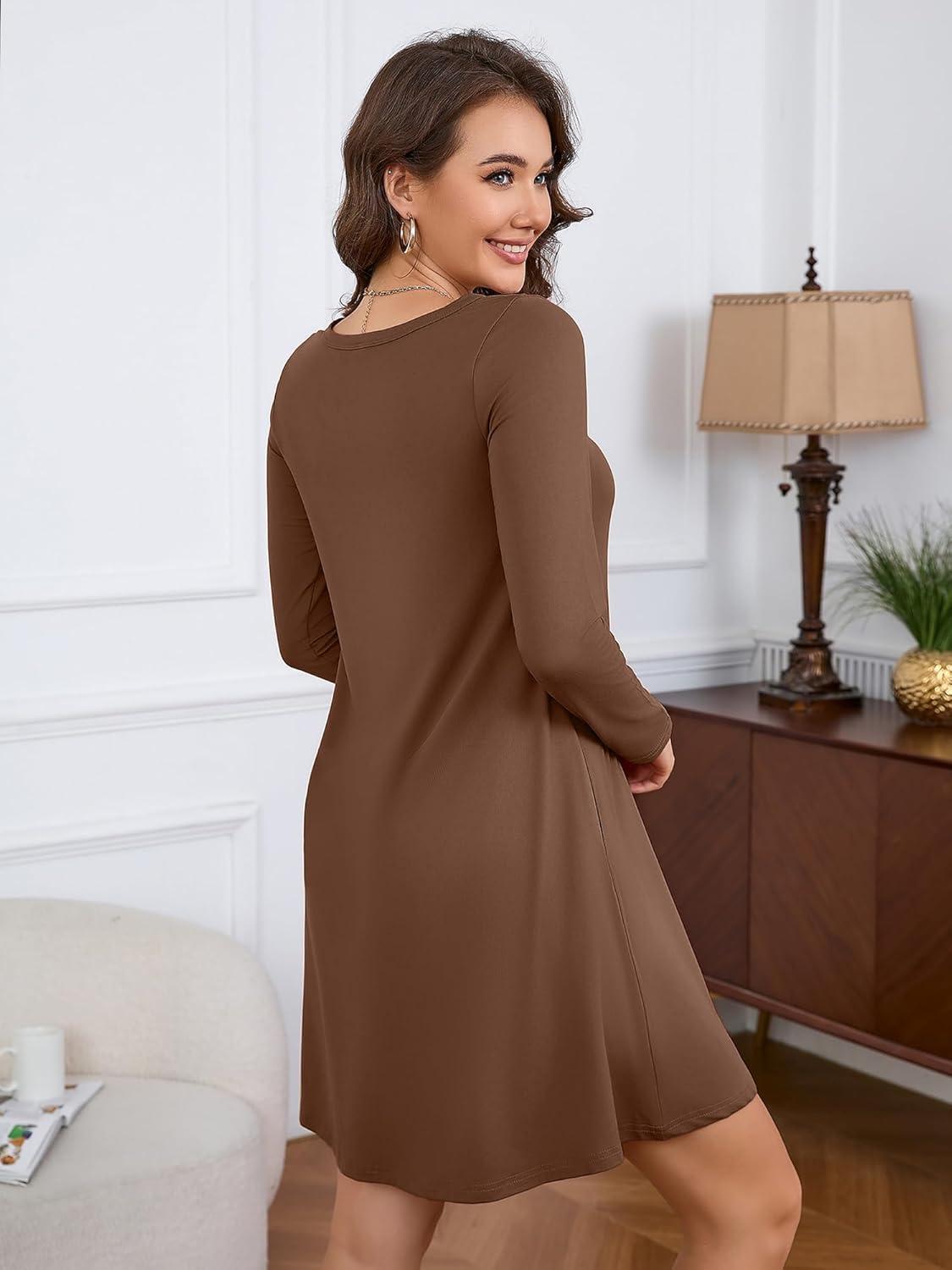 KORSIS Women Long Sleeve Tops T-Shirt Dresses Round Neck Casual A-Line Loose Swing Vocation Fall Winter Dress with Pockets - Image 5