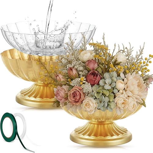 2 Pcs Metal Compote Bowl Vase Centerpiece,Bright Gold