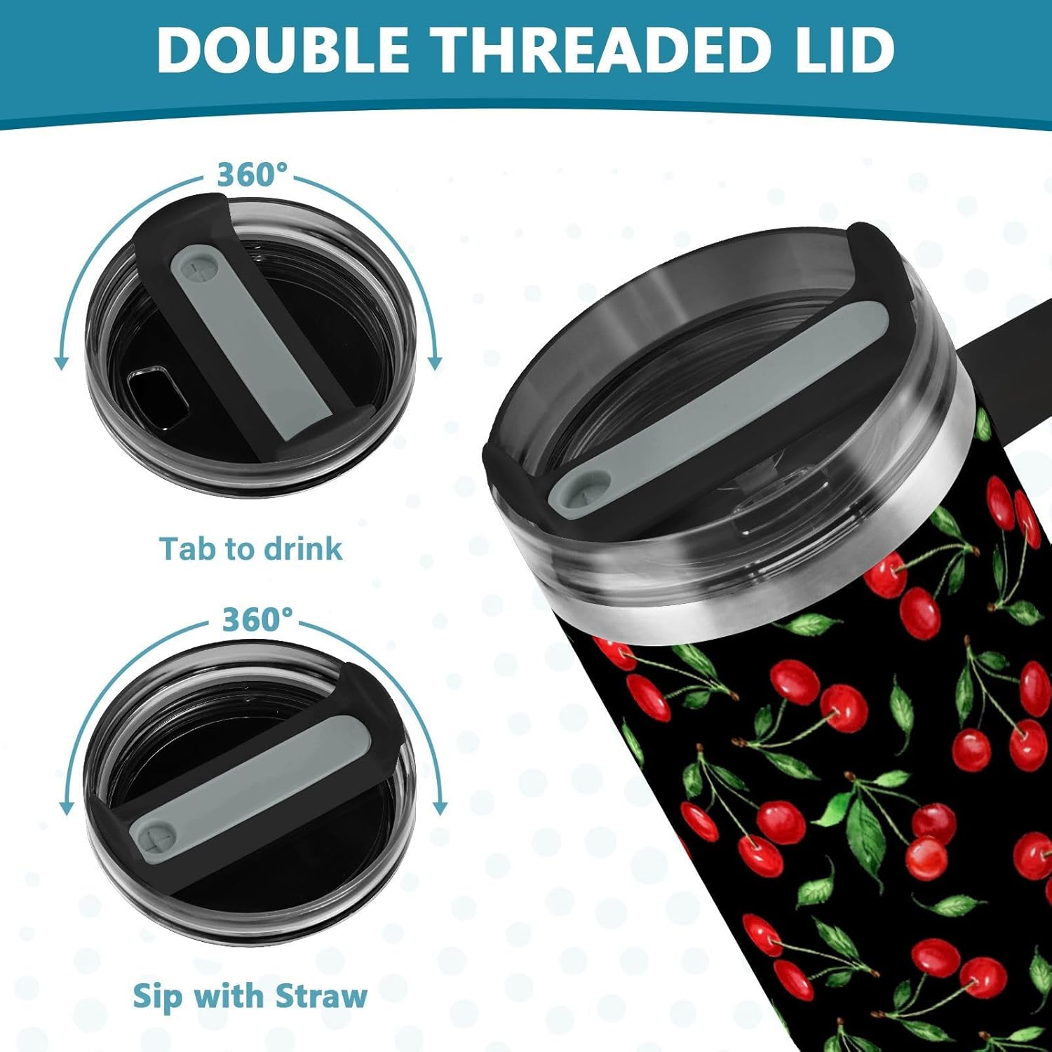 40 oz Tumbler Cherry Fruit with Handle and Straw Lid Vacuum Stainless Steel Insulated Water Bottle Travel Mug Car Cup Holder Friendly for Gym Travel Office - Image 5