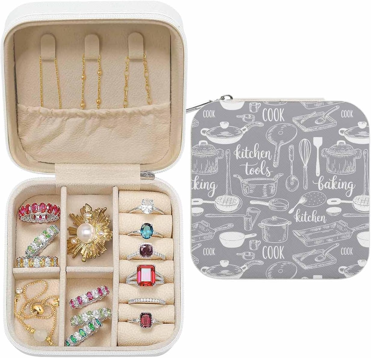 Grey Kitchenware Jewelry Organizer and Storage Box, Portable Travel Jewelry Box for Women, PU Leather Small 3.9x3.9x2 Inches Modern Funny Cook Tools Spoons Forks Earring Necklace Storage Case