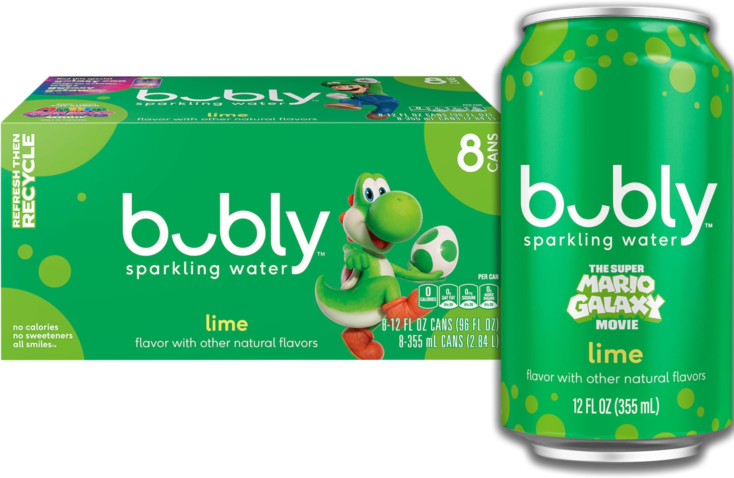bubly Sparkling Water, The Super Mario Galaxy Movie Lime, Zero Sugar & Zero Calories, 12 Fl Oz Cans (Pack of 8), Packaging May Vary
