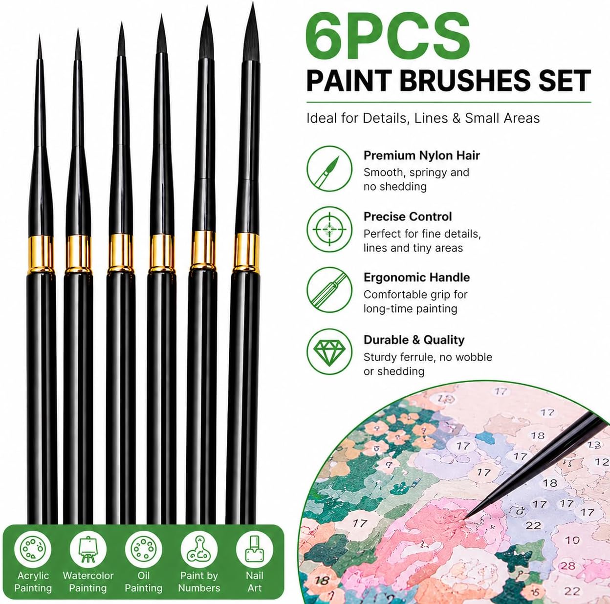 6Pcs Paint by Numbers Kit for Adults Acrylic Paint Brushes Set,Professional Travel Fine Tip Detail Paintbrushes for Watercolor Gouache Oil Face Painting,Miniature,Model,Figurine,Craft