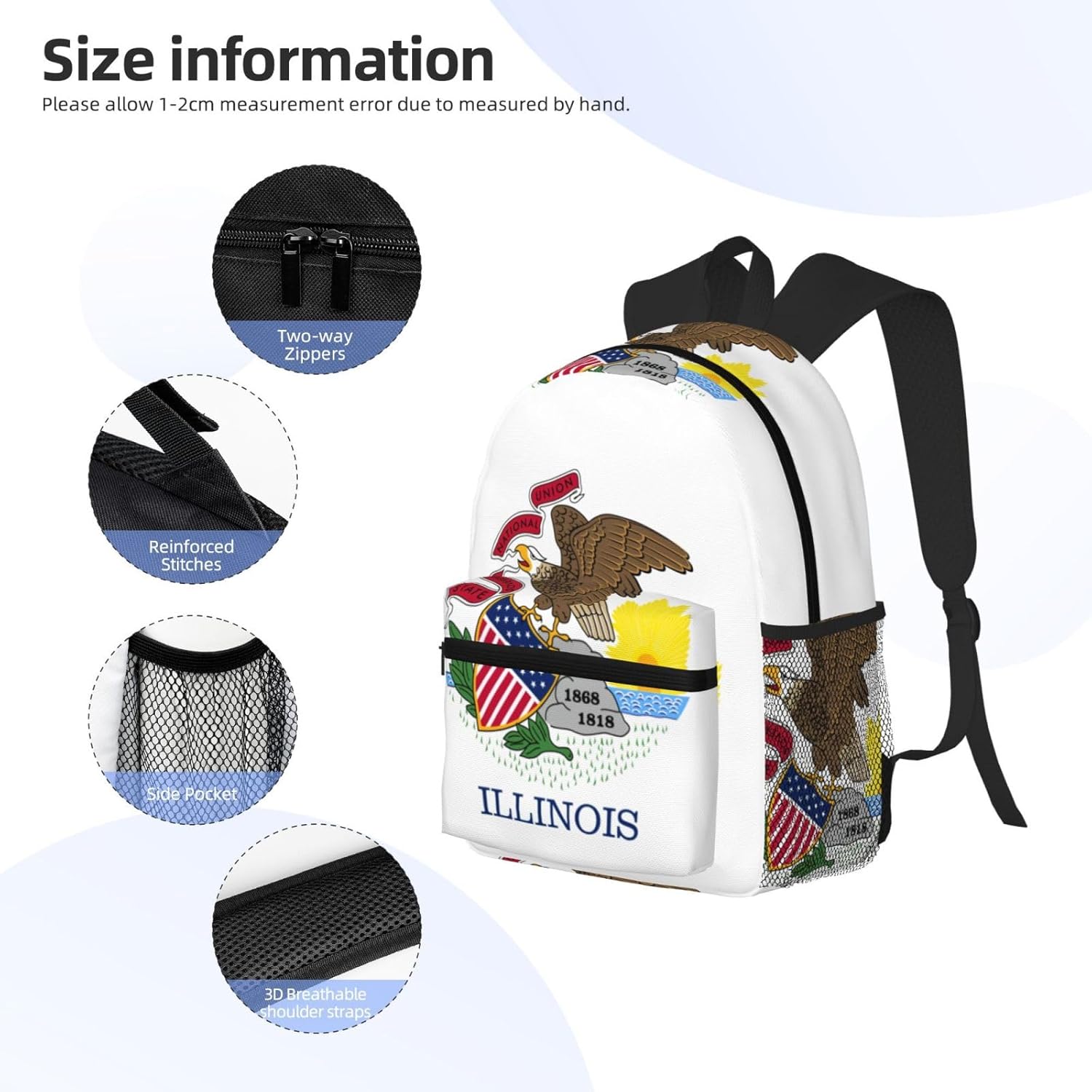 Illinois State Flag Backpack Large Sports Bag, Best for Basketball, Soccer, Volleyball, Swim, Gym, Travel