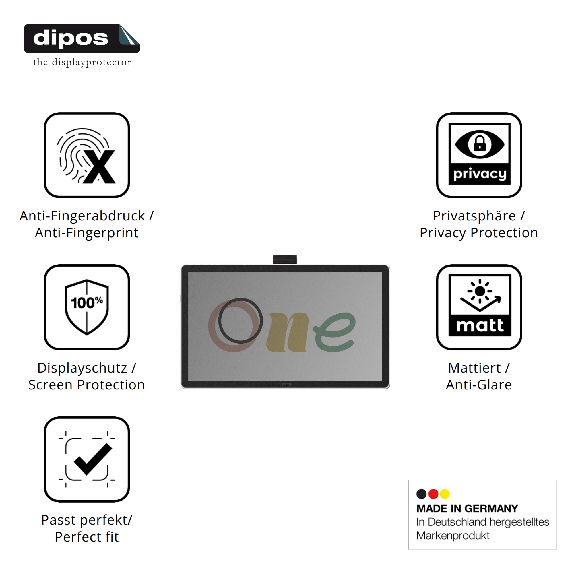dipos Protector de Pantalla Antiespía para Wacom One 14 | Película protectora mate, filtro de privacidad 4 vías, ajuste perfecto, antiarañazos, sin burbujas, autoadhesivo