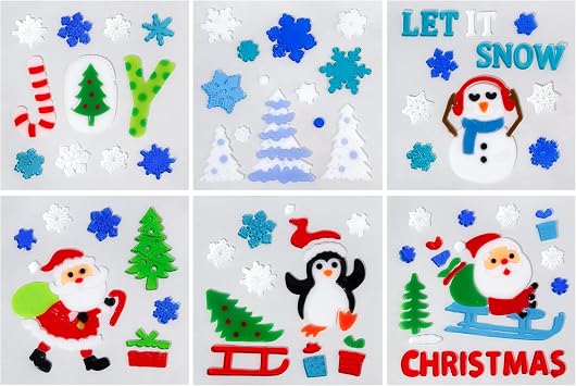 Christmas Window Clings Gel - 6 Sheets of Snowman, Blue Snowflakes, Penguin and Santa Claus, Winter & Holiday Designs for Glass Windows