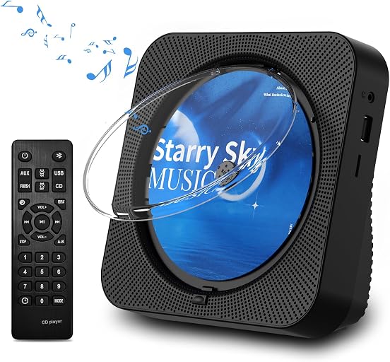 CD Player Portable Bluetooth 5.1 Desktop CD Player with HiFi Sound Speakers,Remote Control,Dust Cover,LED Display,Boombox FM Radio,USB/AUX for Home,Kids (Black)
