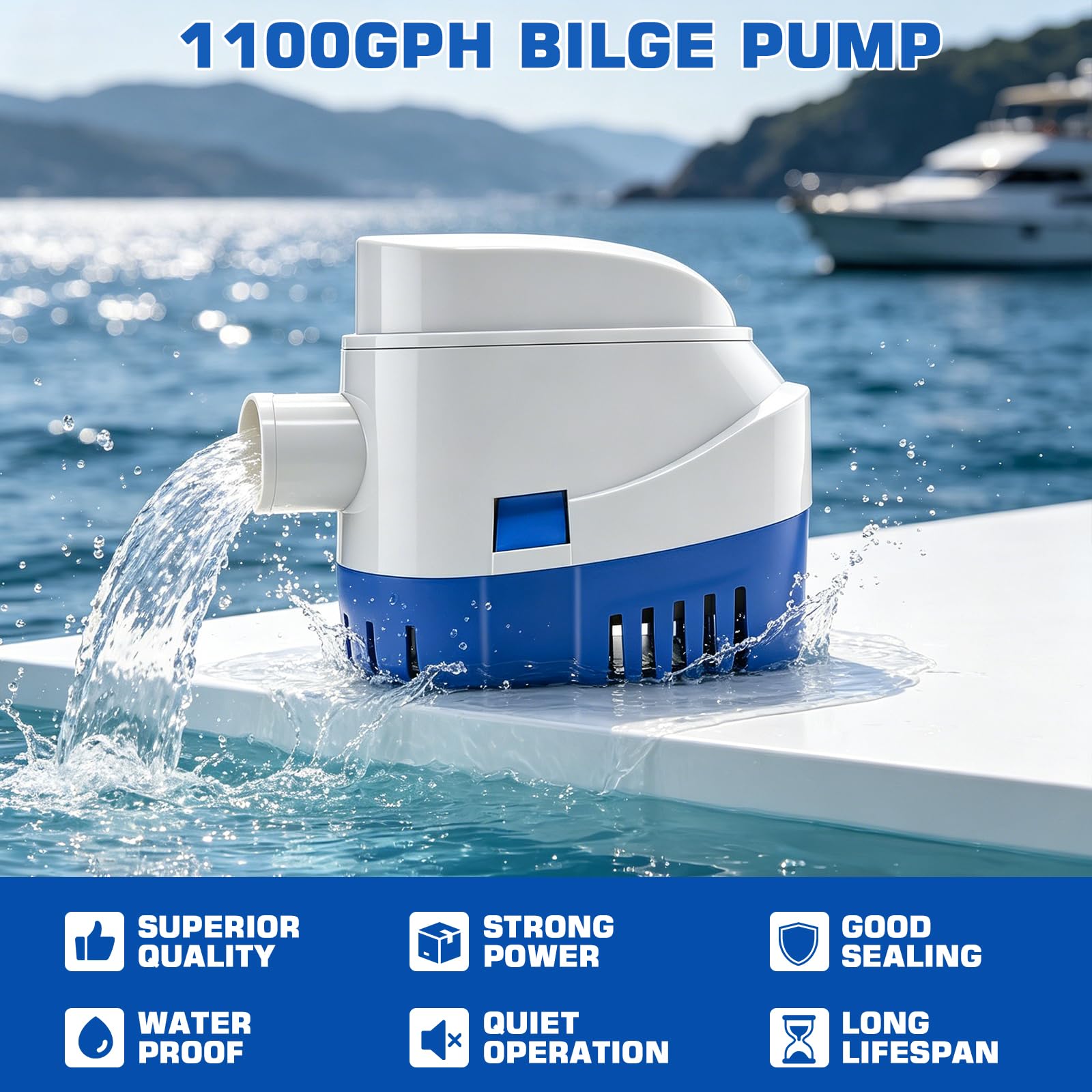 KAOLALI Automatische Bilgepumpe 12V 1100GPH Marine Bilgenpumpe Tauchpumpe 29mm Automatische Boots Lenzpumpe Elektrische Lenzpumpe Bilgenwasser Pumpe für Boote, Teiche, Pools