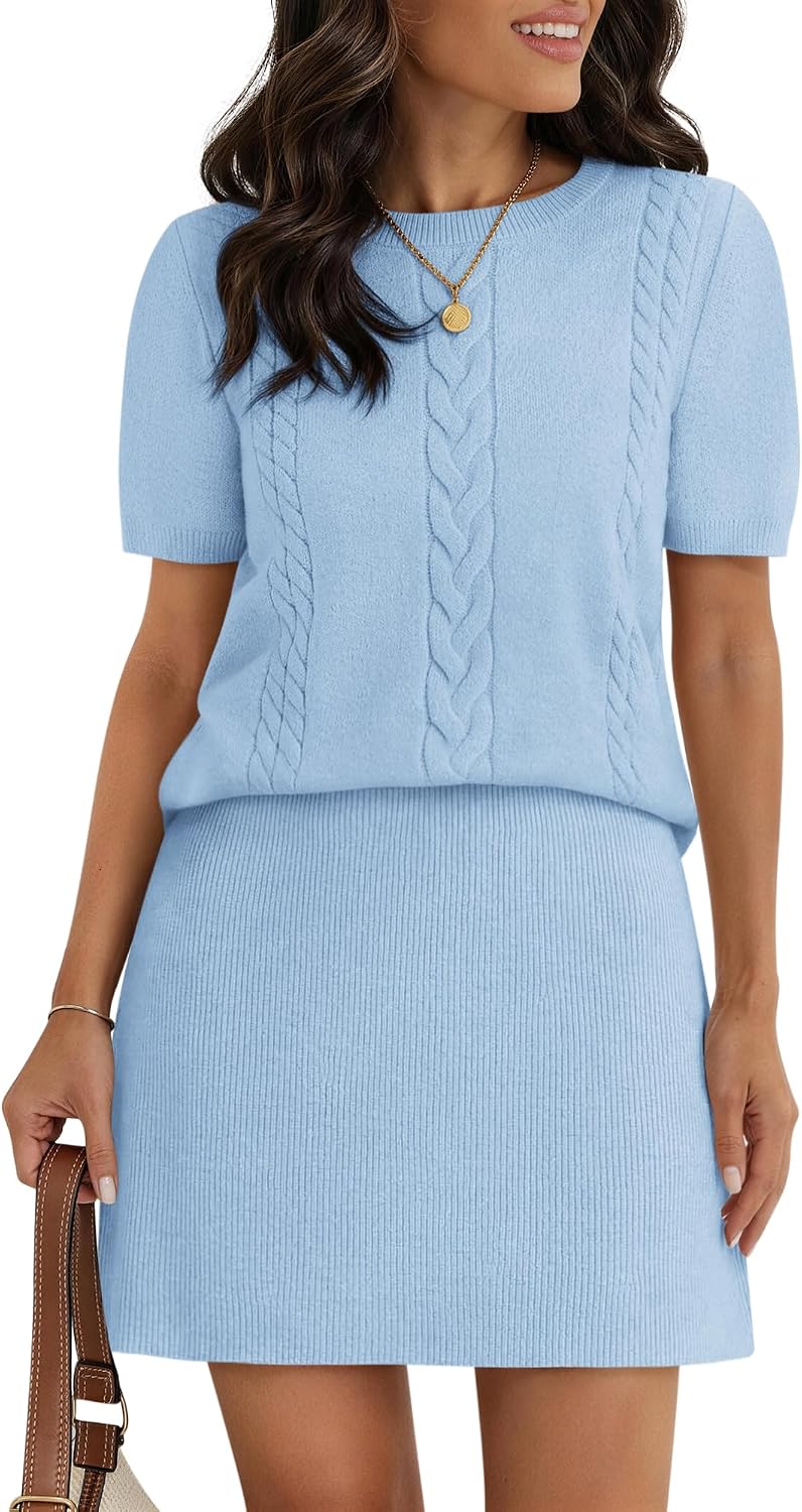 COCCKO Womens 2 Piece Skirt Sets Puff Short Sleeve Crewneck Ribbed Knit Sweaters Mini Dresses Two Piece Outfits