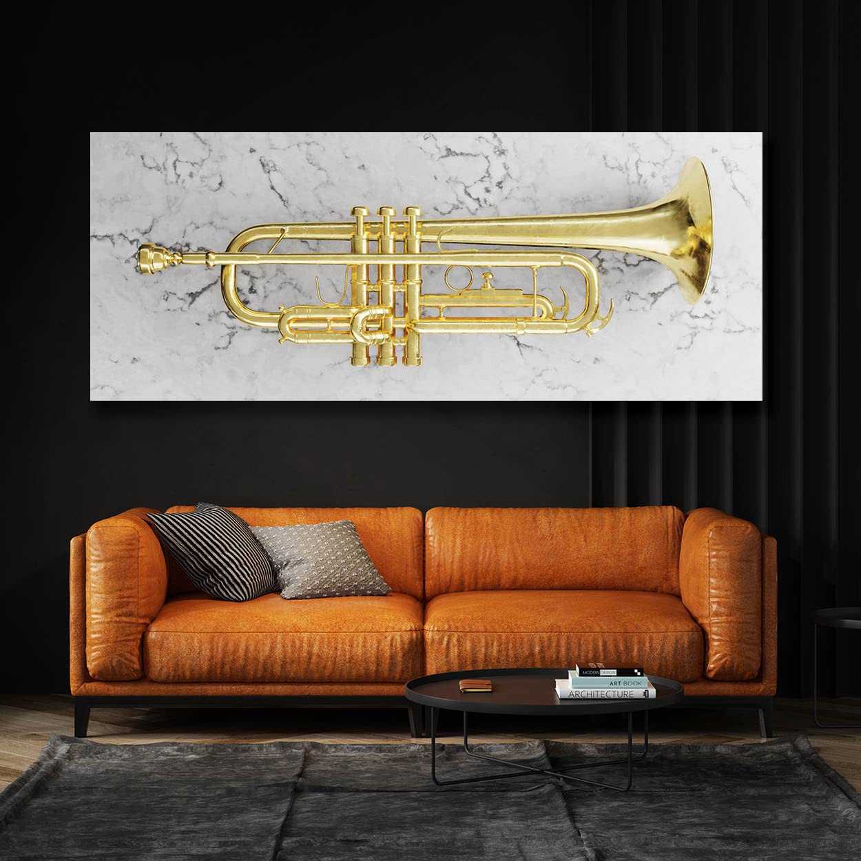 Sense Canvas Stampa artistica su tela a forma di tromba, strumento musicale, jazz, decorazione per la casa, poster grande 40 x 16 / 1,9 cm