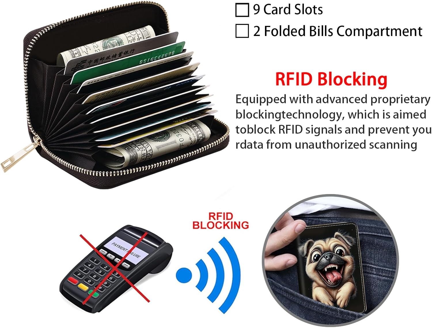 Credit Card Holder Wallets for Women, RFID Blocking Small Leather Card Case Wallet with Zipper Accordion Wallets, Funny Pug image 4