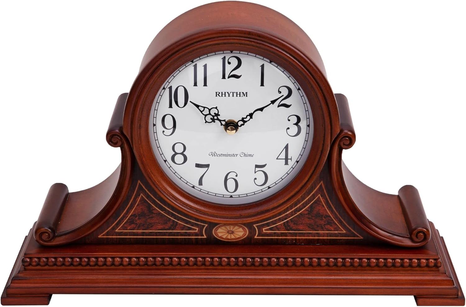 RHYTHM WOOD NAPOLEON STYLE MANTEL CLOCK.WESTMINSTER CHIME, XMAS TUNES