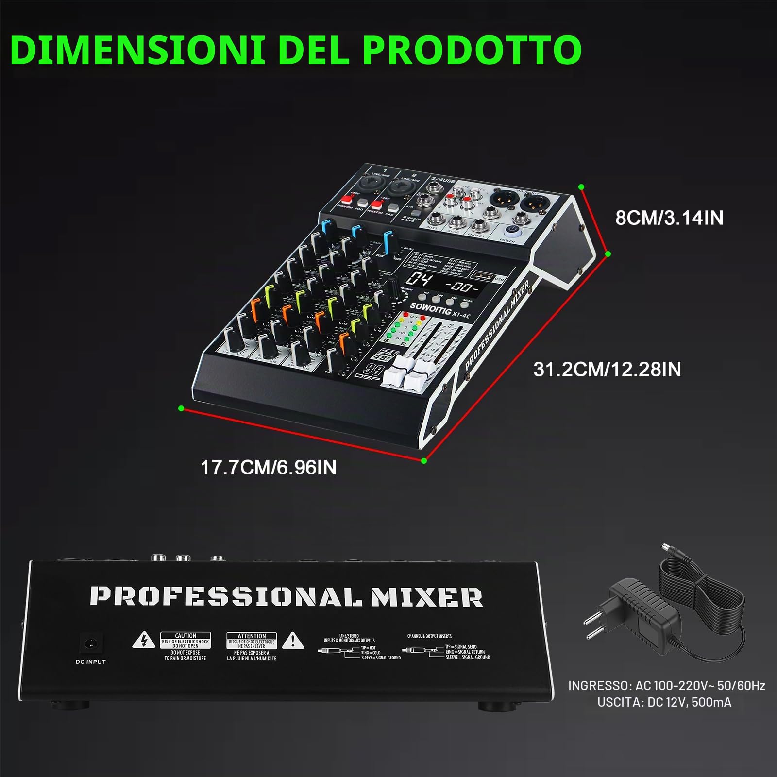 Mixer audio a 4 canali, mixer audio professionale con effetti 99DSP, mixer DJ compatto con USB, Bluetooth, alimentazione phantom 48 V e pulsante PAD per registrazione, karaoke, PA, batteria e musica