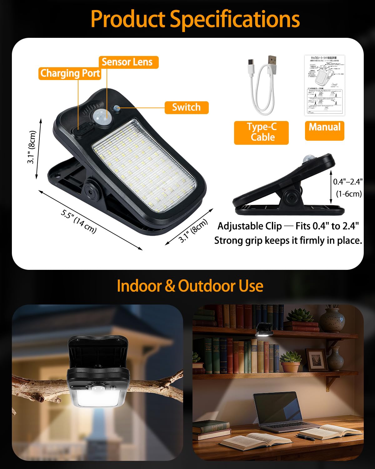Solarleuchten mit Bewegungsmelder zum Anklippen, für den Außenbereich, mit Fernbedienung, 4 Stück, solarbetrieben und USB-Aufladung, 60 LEDs, 3 Farbtemperatur, 3 Modi, wasserdichte