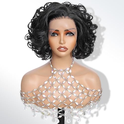 Short Wavy Synthetic Lace Front Wig 13x4 Bob Wave Wigs For Black Women Natural Hair HD Lace glueless wigs pre plucked Effortlessly Chic (10" 1B#)