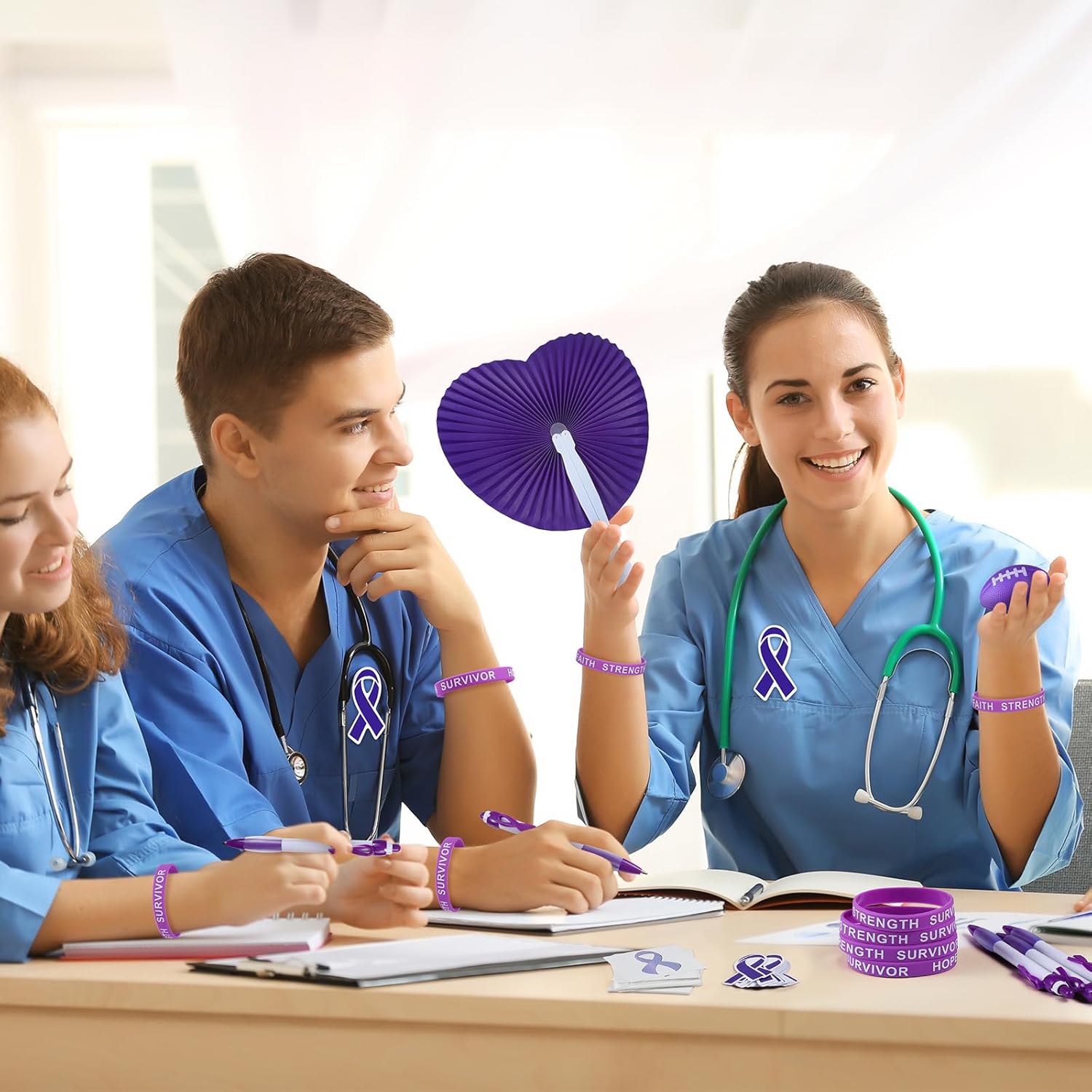 150 Pcs Testicular Cancer Awareness Purple Items Bulk Ribbon Stickers Stress Football Folding Fan Tattoo Sticker Silicone Bracelet for Charity Events Gifts Supplies