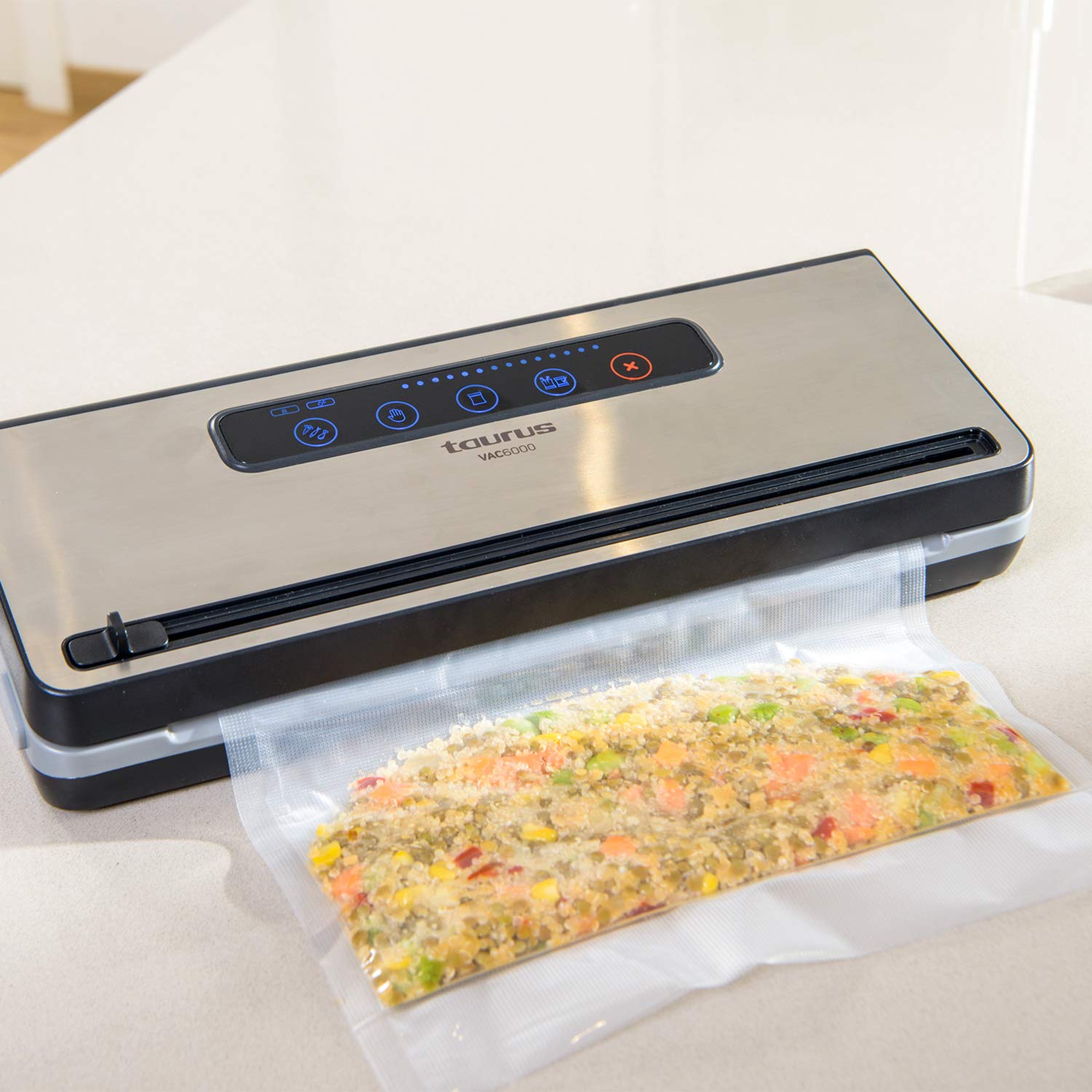 Taurus Vac600 - Envasadora y selladora al vacío de alimentos con cortador, alimentos secos y húmedos, función stop, tamaño y sellado 30 cm, indicador LED, bandeja de goteo, acero inoxidable y negro