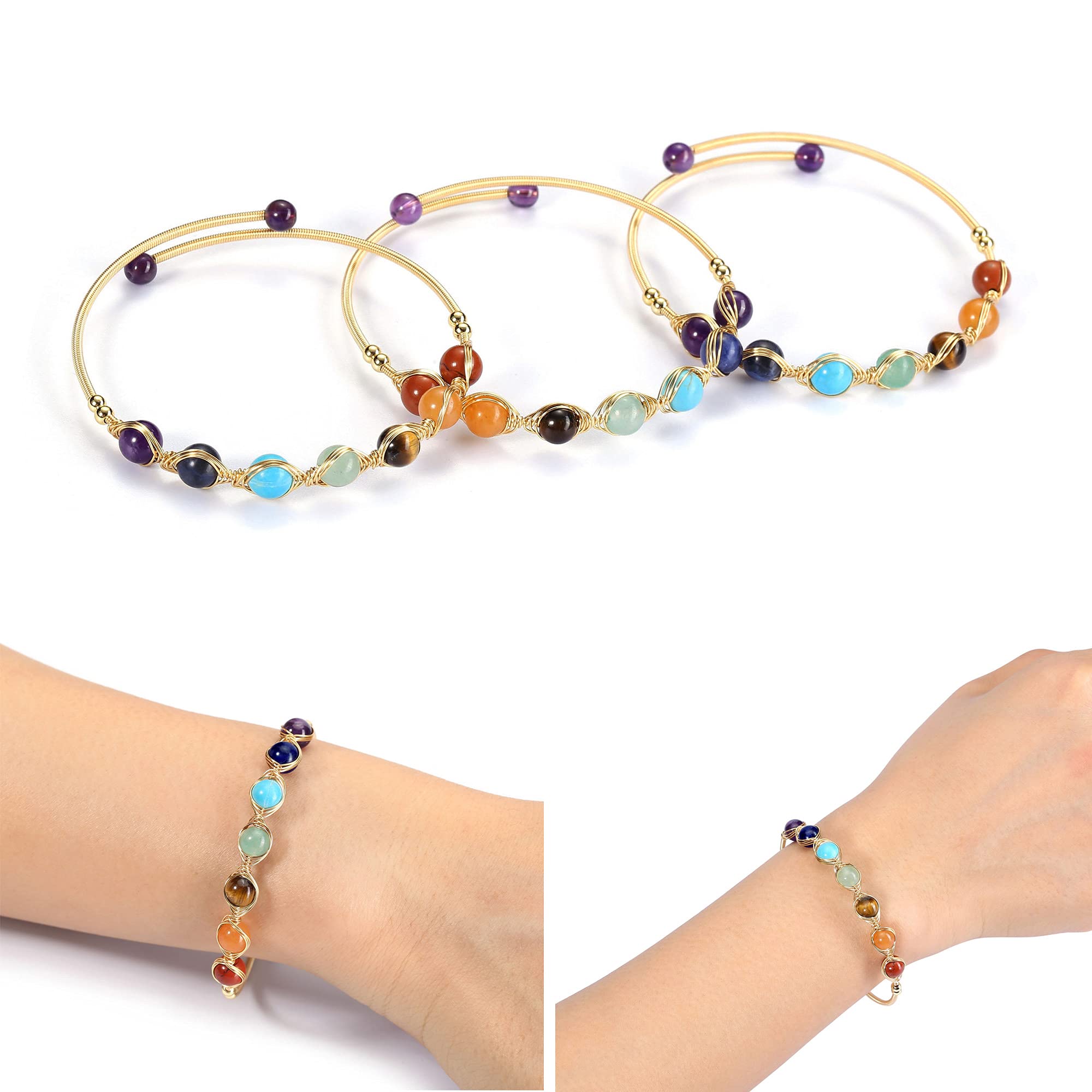 YDYDTTKD Armband mit 7 Chakra-Kristallen, Edelsteinen, heilenden Reiki-Steinen, Perlenarmband für Damen, 14 Karat vergoldetes Armband, Verstellbarer Kristallschmuck, Geschenke für Muttertag,