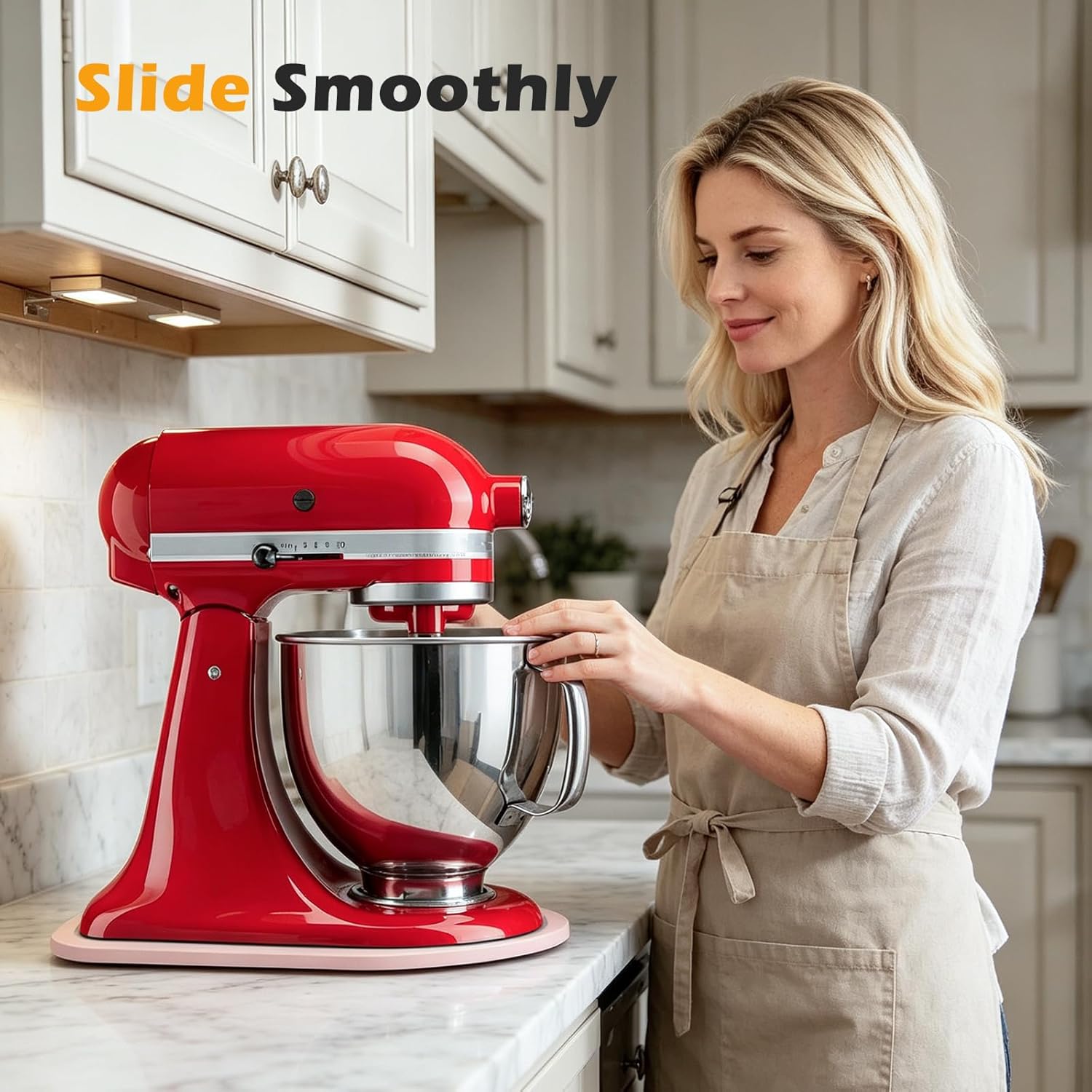 Mixer Slider Mat for Tilt Head Kitchen Aid 4.5-5 Qt Stand Mixer, Wood Appliance sliding mat for kitchenaid Artisan 4.5-5 Qt, Kitchen Countertop Storage Accessories Mixer Moving Tray attachments, Pink thumbnail