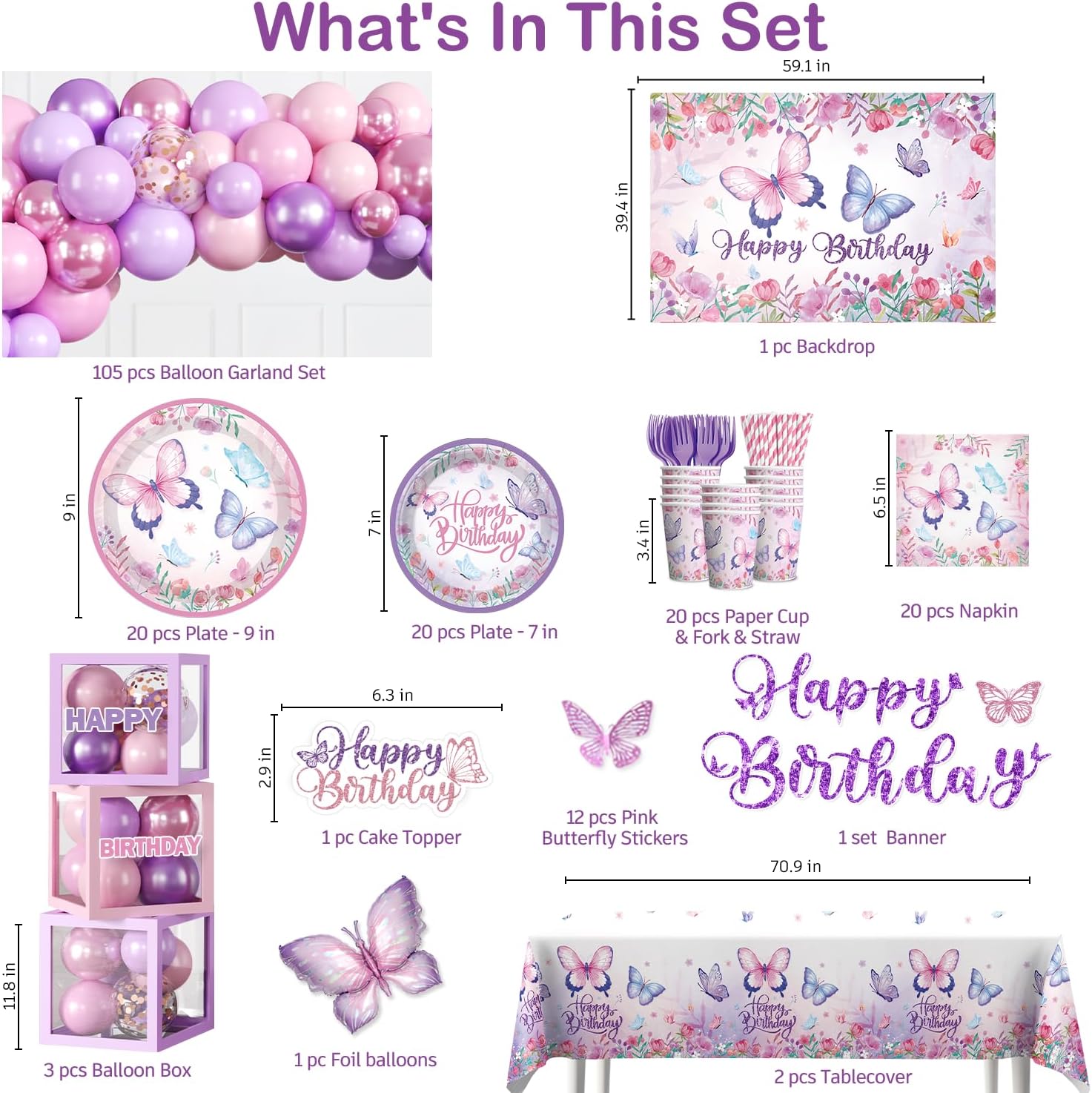 256pcs Butterfly Birthday Decorations, All-in-1 Butterfly Theme Birthday Decorations Pack with 20pcs Plates, Napkins, 2pcs Tablecloth, Balloon Arch for Girls Party Decorations