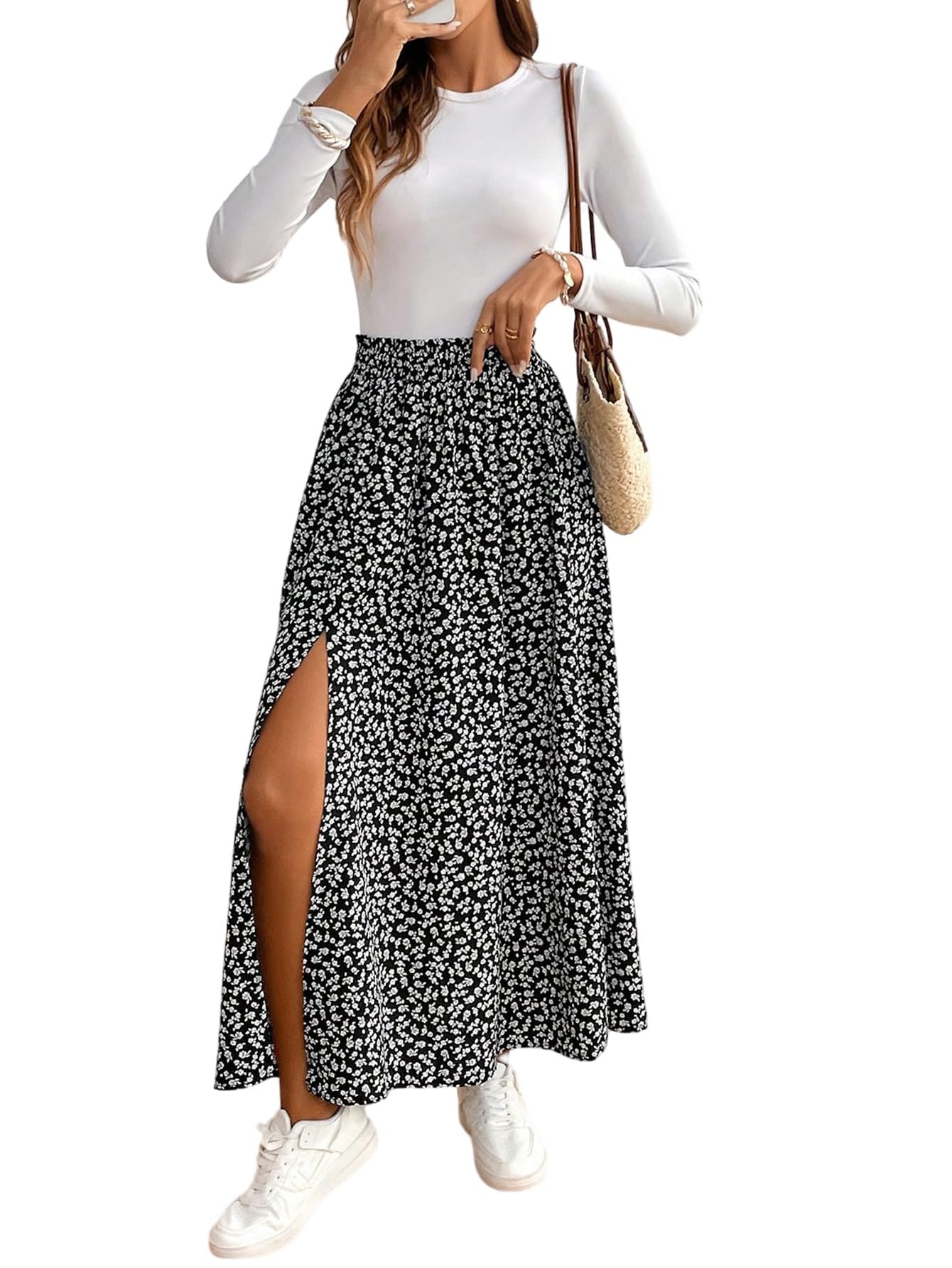 GORGLITTER Damen Rock Langer Sommerrock Boho Midirock mit Schlitz Blümchenmuster Röcke Hohe Taille Blumenrock Casual Freizeitrock Locker Strandrock