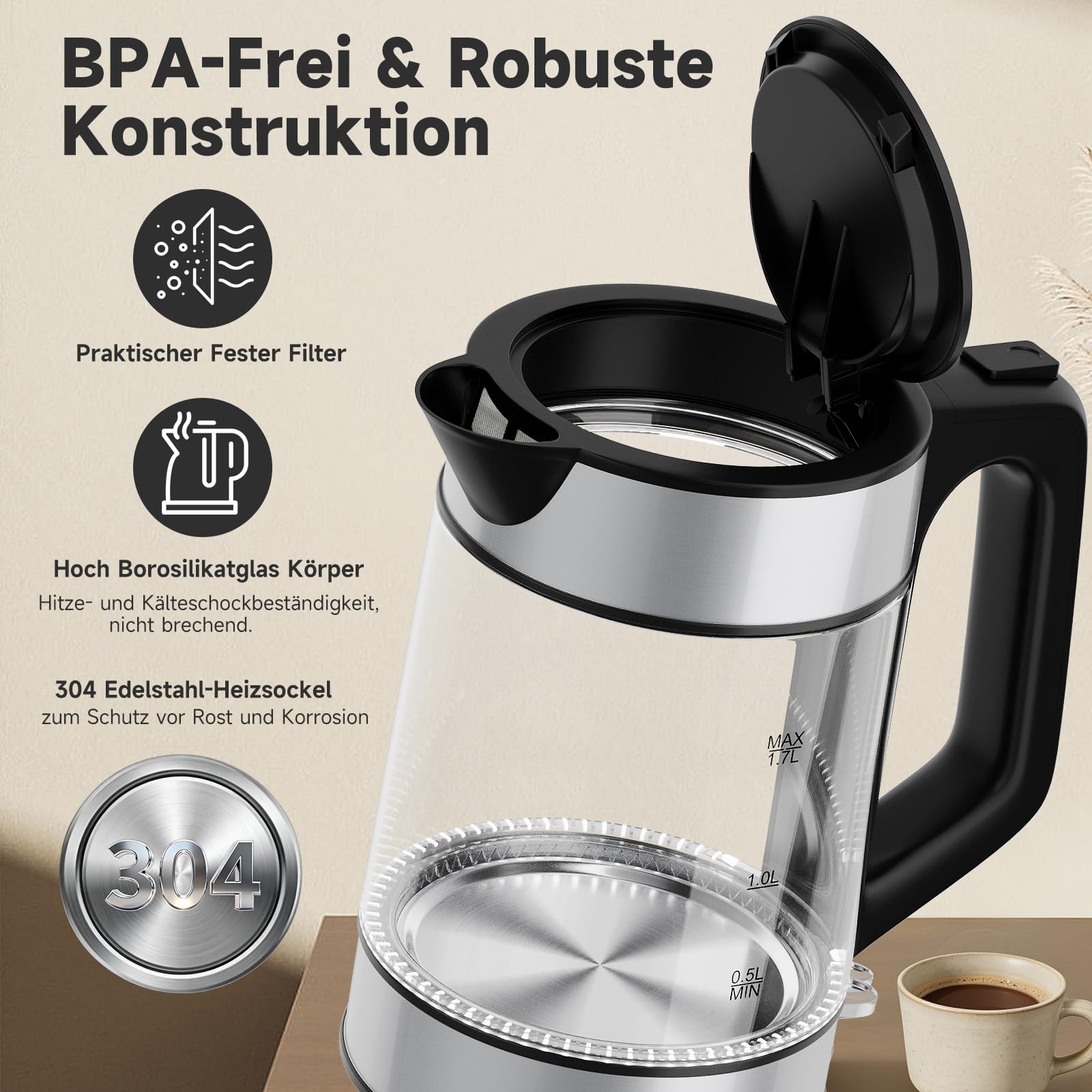 Hervidor de cristal 1.7 con ajuste de temperatura, 2200 W Kettle transparente, con base de 360 °, iluminación LED, apagado automático de la corriente y apertura de la tapa, protección contra la