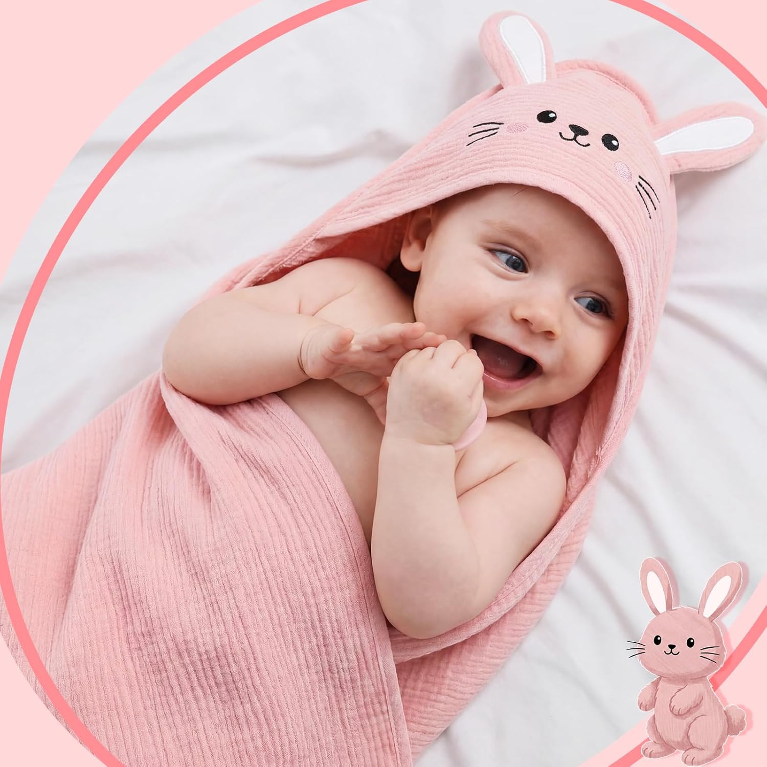Mindsoft Muslin Hooded Baby Towel 100% Cotton Soft Absorbent Bath Towel with Cute Pink Bunny Design 32 x 32 Inch Muslin Baby Bath Essentials for Girl Babies Infant Toddler Kids