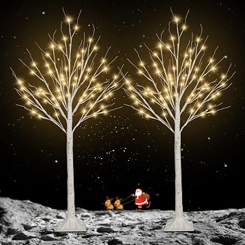 2 Pack 4FT Lighted Birch Tree, 100LED Twinkling Tree Lights, Warm White