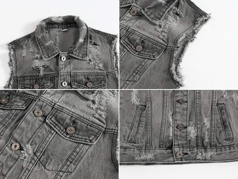 Men's Sleeveless Ripped Denim Vest Casual Slim Fit Button Down Jeans Vests Jacket