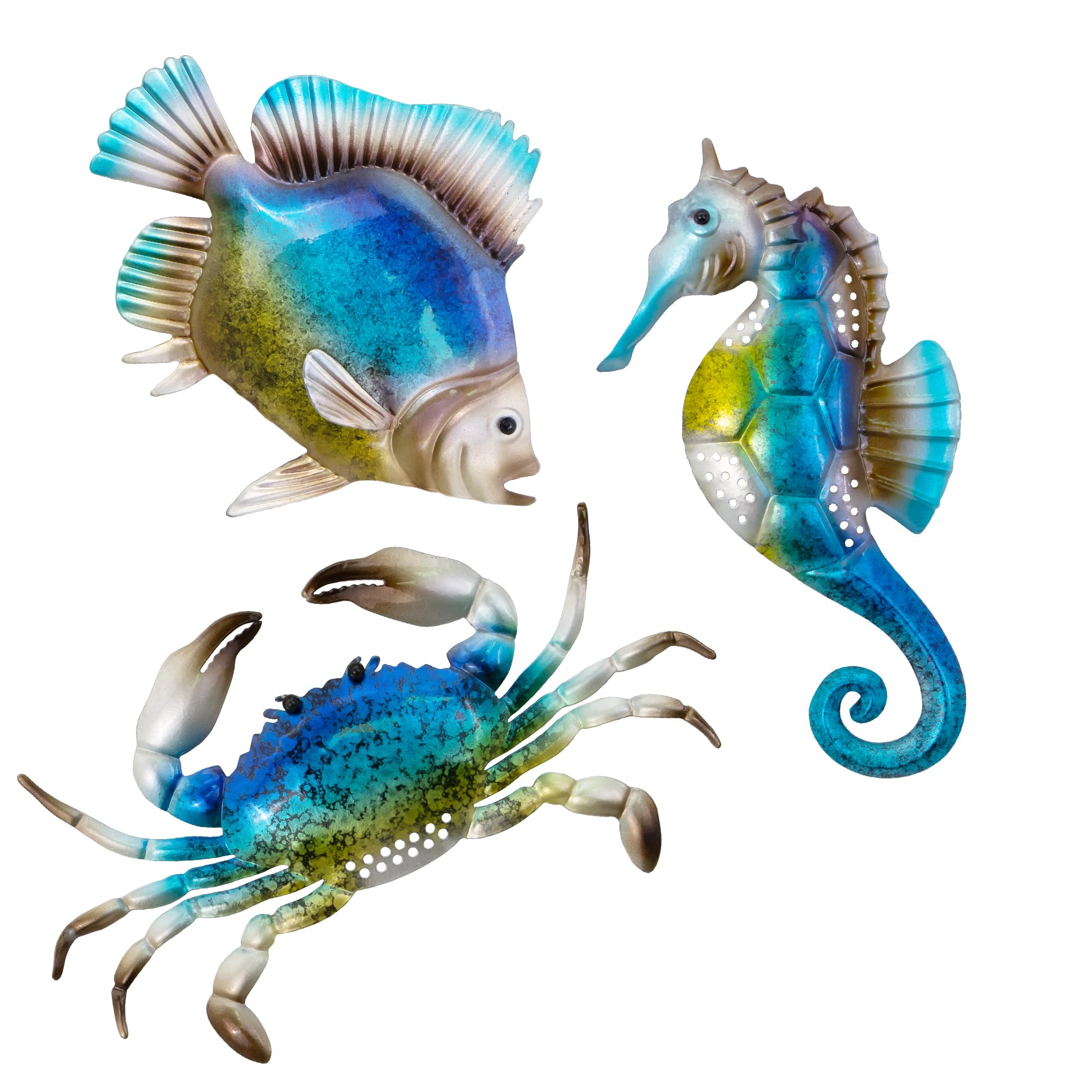YNGFIL Metal Fish Seahorse Crab Beach Theme Wall Art, 10 Inch Set of 3 - Suitable for Outdoor Patio, Garden, Balcony, Pool and Indoor Bathrooms,