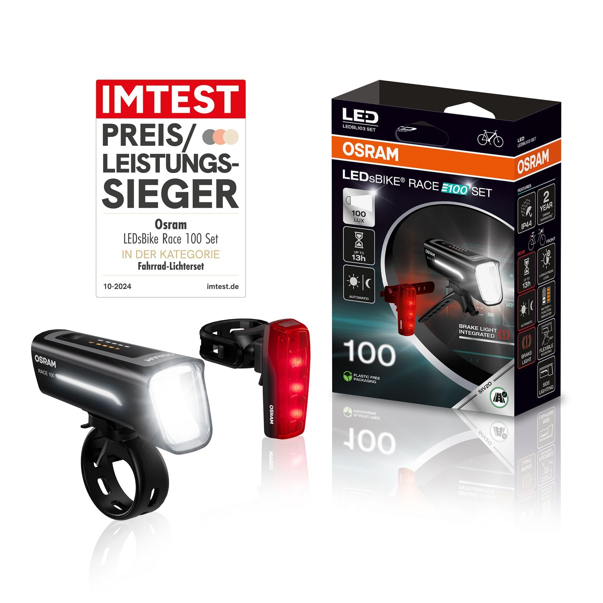 Osram LEDsBIKE Race 100 Set Fahrradbeleuchtungsset mit automatischer Bremslichtfunktion