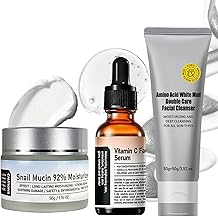Snail Mucin Skin Care Set - Snail Mucin 92% Moisturiser, Vitamin C Face Serum & Dual-Tube Face Cleanser - Anti-Aging Repairing Soothing, Facial Skin Care Routine Kit for Dry Sensitive Dull Skin, Vegan