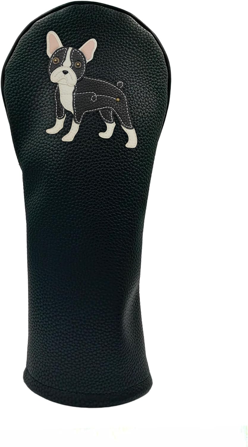 Black French Bulldog PU Leather Golf Club Covers Driver Headcovers Fairway Woods Hybrid Protector with Interchangeable Number Tag