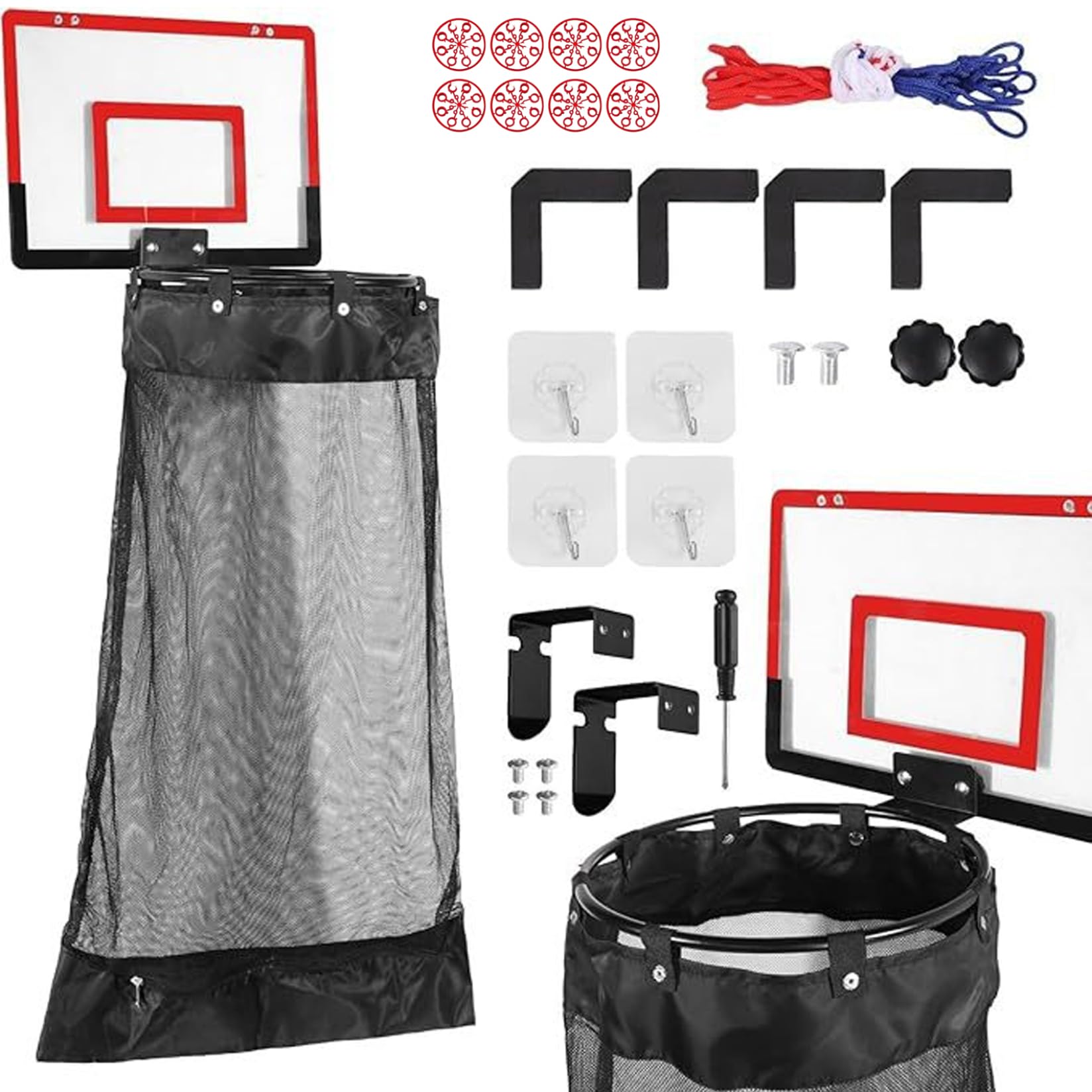 Xoeryoy Mini Basketball Hoop Indoor, Dual Function over the Door Laundry Hamper Hanging Hamper for Bedroom, Bathroom, Dorm, No Drill Installation, Red