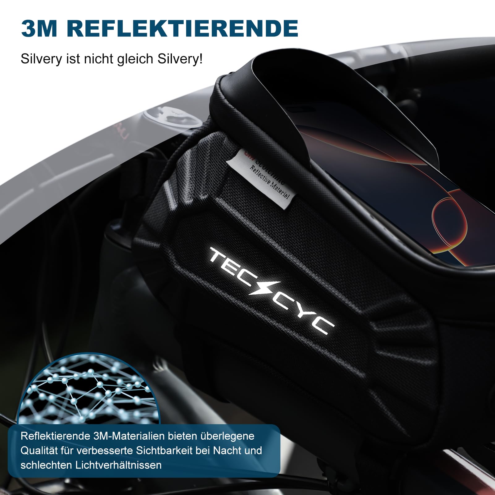 TECHCYC Rahmentasche Fahrrad wasserdicht TPU Touchscreen - Fahrradtasche Rahmen bis 7 Zoll Handy, Reflektierende Oberrohrtasche für MTB, Rennrad, E-Bike & Gravelbike, Bikepacking Zubehör