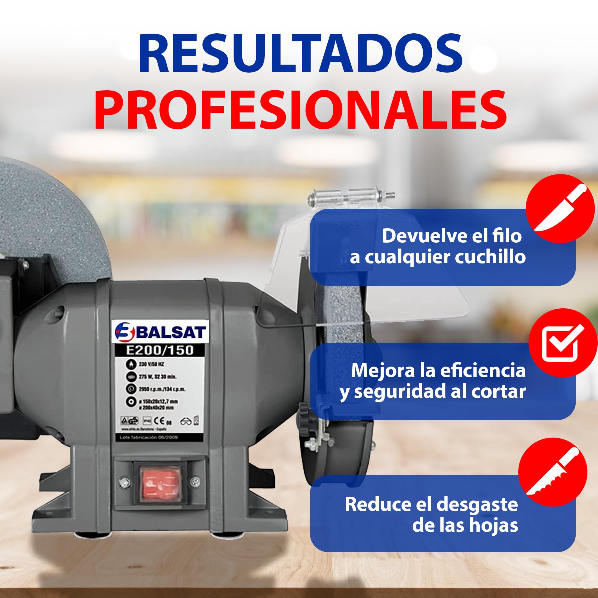 BALSAT Afilador de Cuchillos Profesional de Sobremesa | Máquina de Afilar Cuchillos Profesional Motor Silencioso y Carcasa de Acero | Afilador de Cuchillos Eléctrico para Cocina y Taller 380x200x290mm